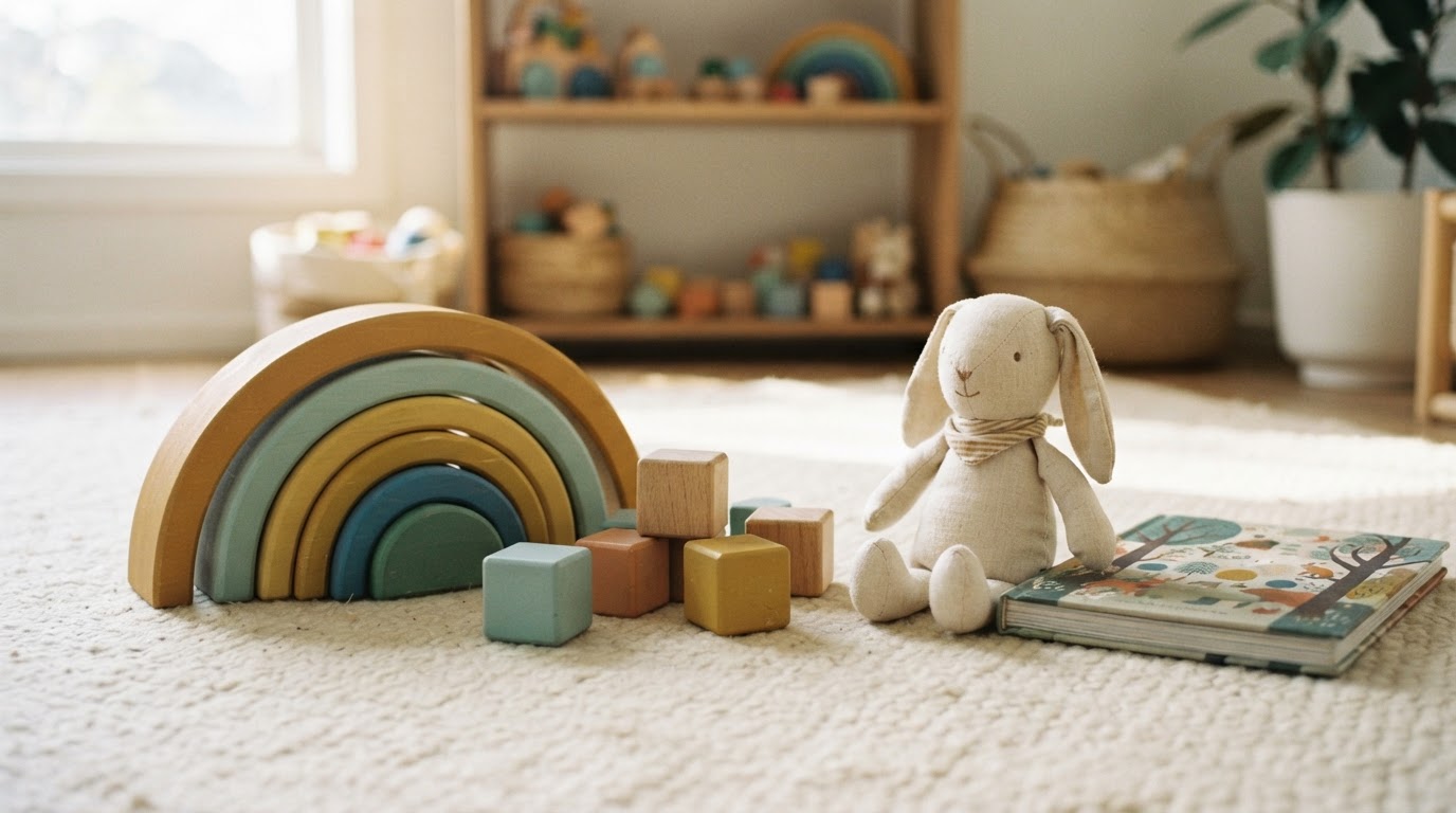 Wooden rainbow toy, blocks, and a soft rabbit on a rug