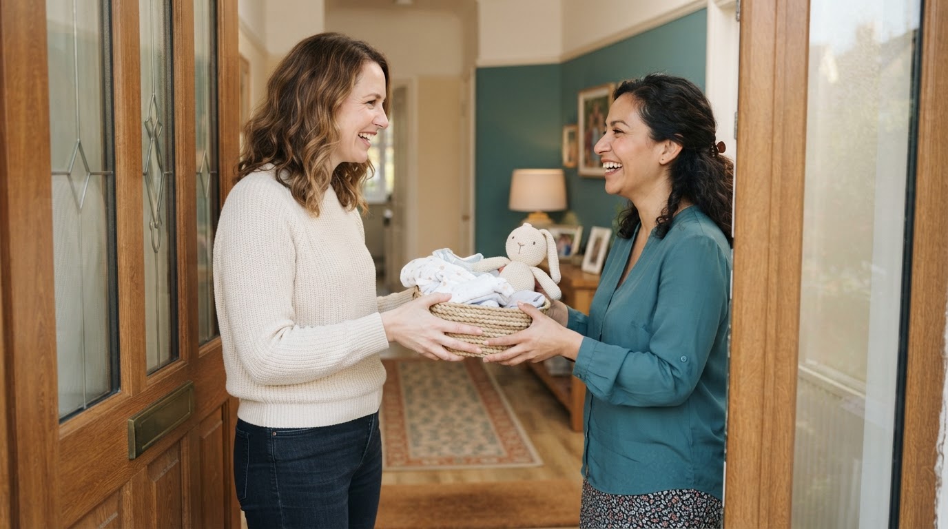 Two women exchanging a basket of baby clothes at a front door