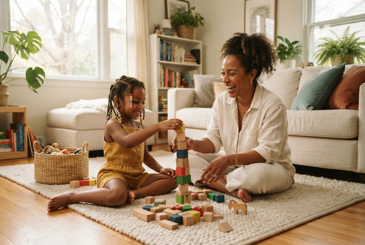 A mother and child building a tower of blocks on the living room floor